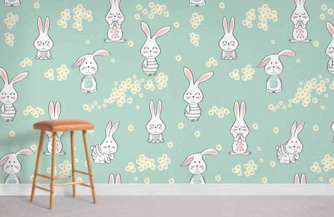 Animal | Charming Bunny Floral Nursery Mural Wallpaper 1Roll Teal Animal Animal