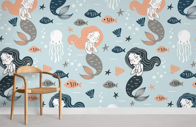 Animal | Charming Mermaid Oceanic Kids Mural Wallpaper 1Roll Teal Animal Animal