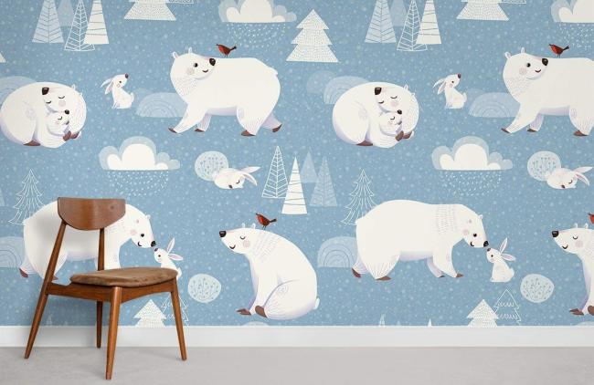 Animal | Charming Polar Bear Nursery Mural Wallpaper 1Roll Blue and White Animal