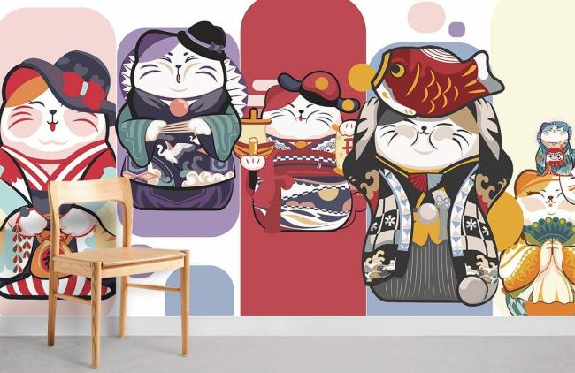 Animal | Colorful Japanese Lucky Cats Mural Wallpaper 1ft² Multicolor Animal Animal