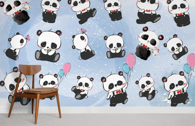 Animal | Cute Panda Balloon Kids Mural Wallpaper 1ft² Blue and White Animal Animal