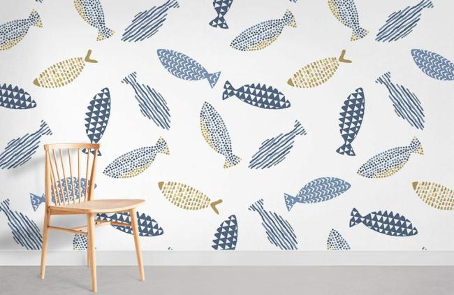 Animal | Nautical Blue Fish Pattern Wallpaper Mural 1Roll Navy and Gold Animal Animal