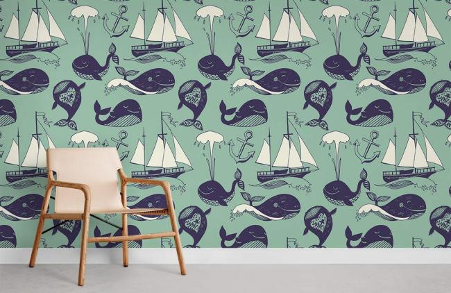 Animal | Nautical Whales and Ships Mural Wallpaper 1Roll Teal Animal Animal