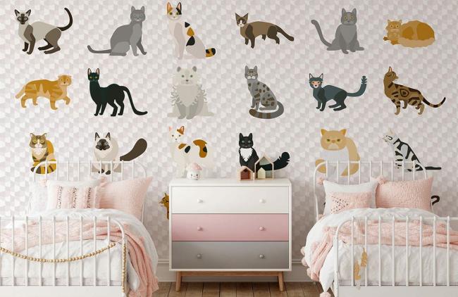 Animal | Playful Cat Illustration Nursery Mural Wallpaper 1ft² Neutral Animal Animal