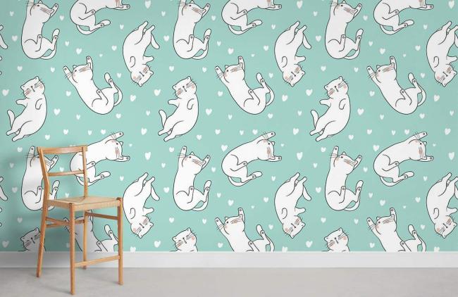 Animal | Playful Cat Illustration Nursery Wallpaper Mural 1Roll Teal Animal Animal