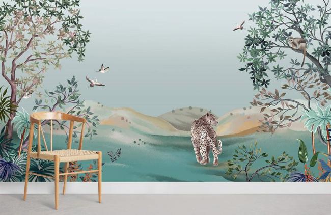 Animal | Tropical Jungle Leopard Scenic Mural Wallpaper 1ft² Teal Animal Animal