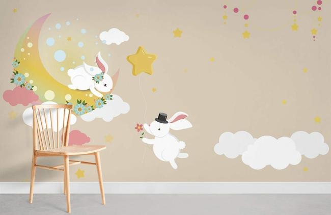 Animal | Whimsical Bunny Starry Night Mural Wallpaper 1ft² Beige Animal Animal