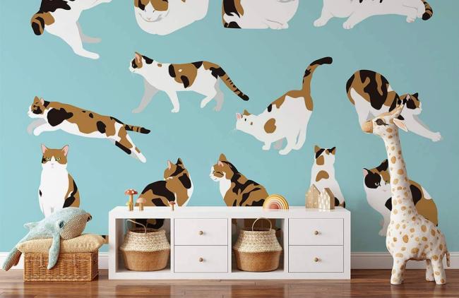 Animal | Whimsical Cat Motif Playful Mural Wallpaper 1ft² Teal Animal Animal