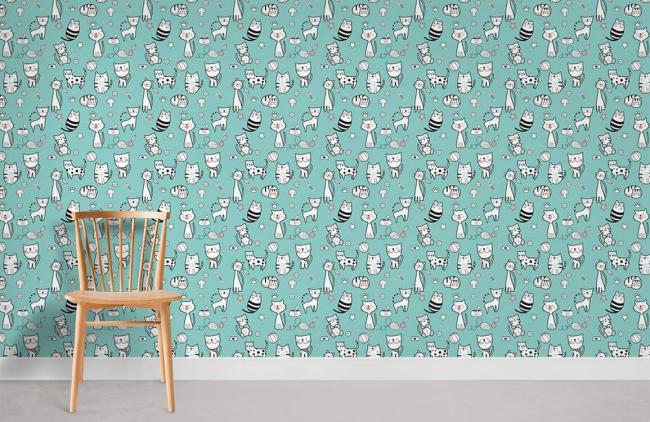 Animal | Whimsical Cat Pattern Teal Mural Wallpaper 1Roll Teal Animal Animal