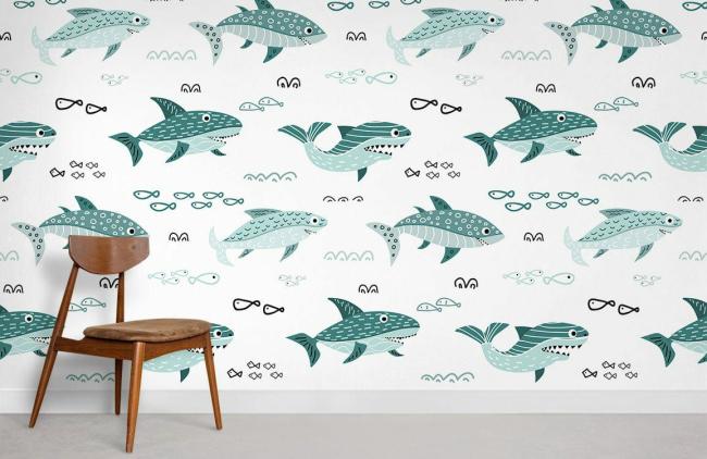 Animal | Whimsical Deep Sea Shark Mural Wallpaper 1Roll Teal Animal Animal