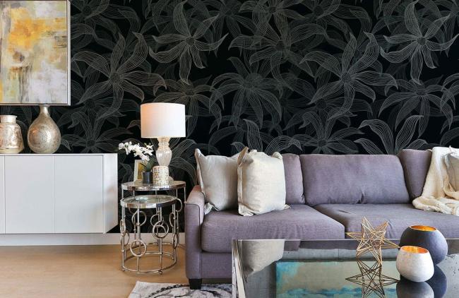 Dark Floral | Elegant Botanical Line Art Mural Wallpaper 1ft² Black and Silver Dark Floral Black & Silver