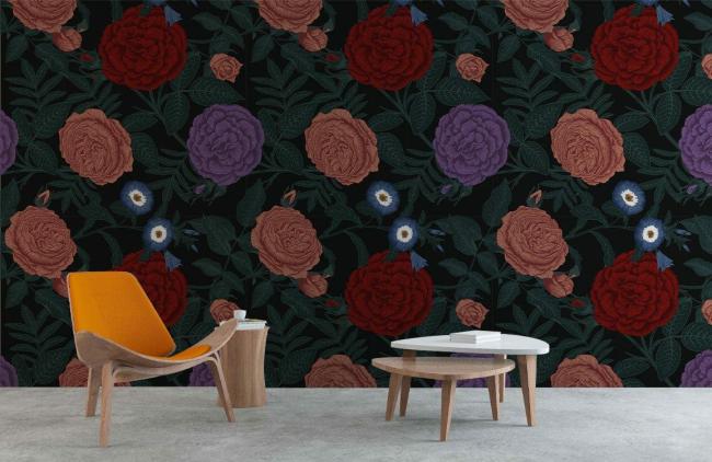 Dark Floral | Elegant Dark Floral Bedroom Mural Wallpaper 1Roll Dark Green Dark Floral Dark Floral