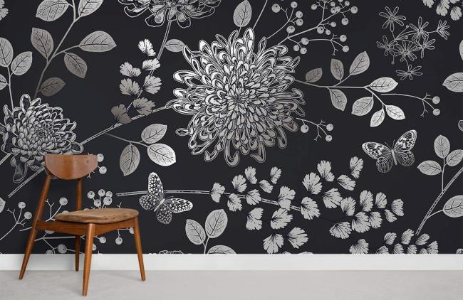 Dark Floral | Elegant Floral and Butterfly Mural Wallpaper 1ft² Grey Dark Floral Dark Floral