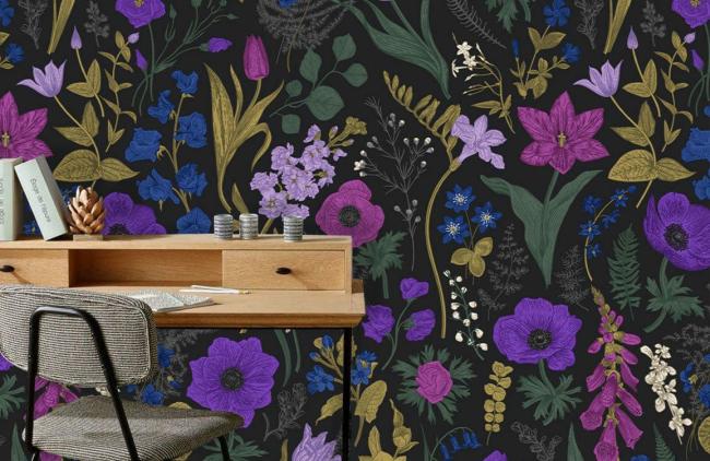 Dark Floral | Elegant Floral Botanical Garden Mural Wallpaper 1Roll Purple and Gold Plants & Animals Dark Floral