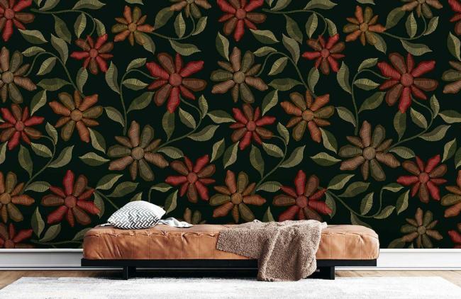 Dark Floral | Emerald Green Botanical Floral Mural Wallpaper 1ft² Emerald Green Dark Floral Dark Floral