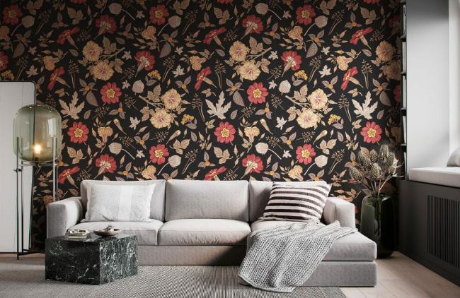 Dark Floral | Luxurious Black Floral Botanical Mural Wallpaper 1Roll Black with Gold and Red Accents Dark Floral Black with Gold & Red Accents