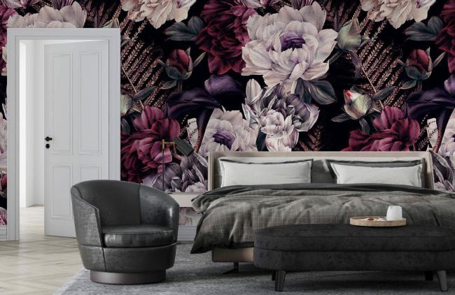 Dark Floral | Luxurious Dark Floral Modern Mural Wallpaper 1ft² Burgundy and Purple Dark Floral Burgundy & Purple