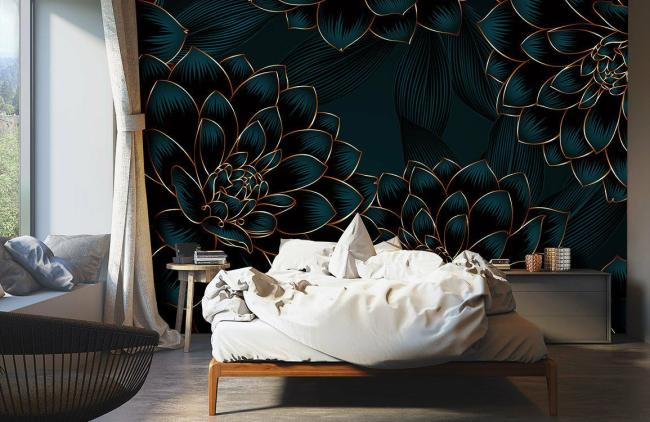 Dark Floral | Luxurious Navy Gold Floral Mural Wallpaper 1ft² Navy and Gold Dark Floral Dark Floral