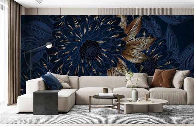 Dark Floral | Luxury Gold Floral on Navy Mural Wallpaper 1ft² Navy and Gold Dark Floral Dark Floral