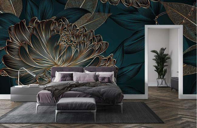 Dark Floral | Metallic Gold Floral Dark Mural Wallpaper 1ft² Dark Teal and Gold Dark Floral Dark Floral