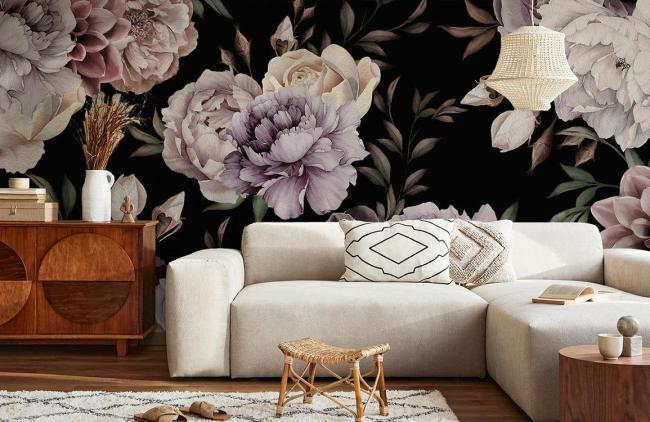 Dark Floral | Romantic Peony Floral Dark Mural Wallpaper 1ft² Purple and Dark Dark Floral Dark Floral