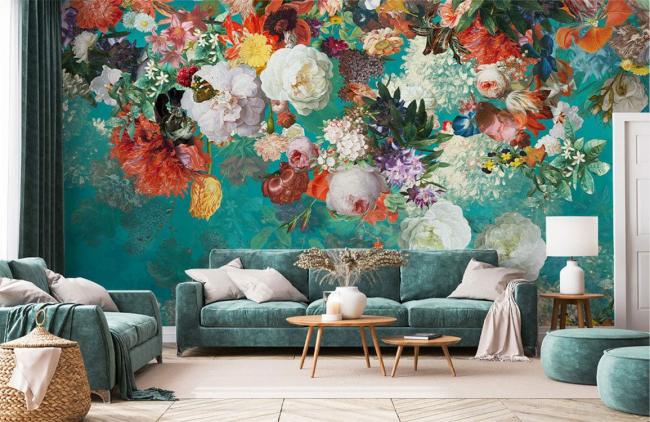 Dark Floral | Vibrant Botanical Teal Floral Mural Wallpaper 1ft² Teal Dark Floral Dark Floral