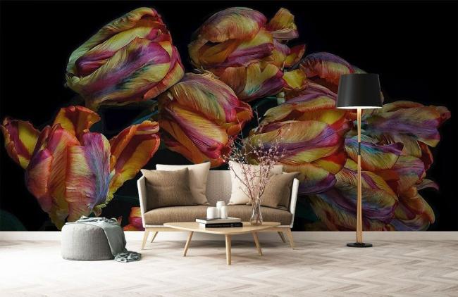 Dark Floral | Vibrant Tulips Floral Bedroom Mural Wallpaper 1ft² Purple, Yellow, Red Dark Floral Dark Floral