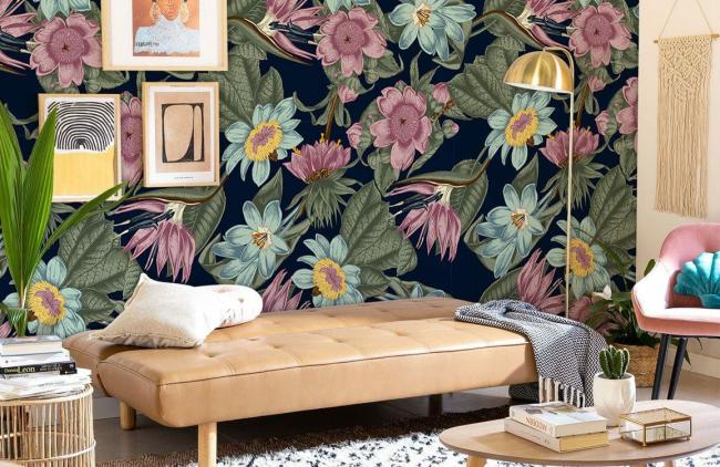 Dark Floral | Vintage Botanical Navy Floral Mural Wallpaper 1Roll Navy Dark Floral Dark Floral