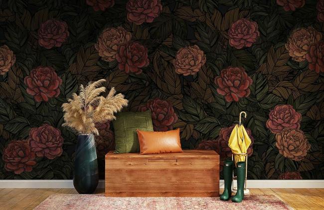 Dark Floral | Vintage Floral Blossom Dark Mural Wallpaper 1ft² Red and Dark Green Dark Floral Dark Floral