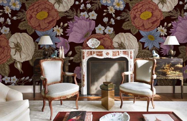 Dark Floral | Vintage Floral Burgundy Mural Wallpaper 1Roll Burgundy Dark Floral Burgundy