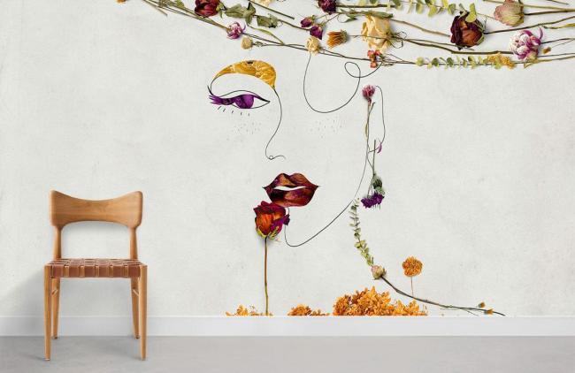 Flower | Abstract Floral Line Art Mural Wallpaper 1ft² Beige Flower Beige