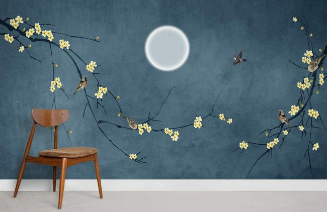 Flower | Chinoiserie Bird Floral Blue Mural Wallpaper 1ft² Blue Flower Blue