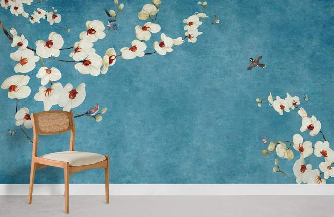 Flower | Elegant Blue Floral Watercolor Mural Wallpaper 1ft² Blue Flower Blue