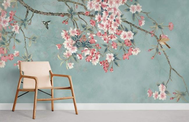 Flower | Elegant Cherry Blossom Branches Mural Wallpaper 1ft² Teal Flower Flower