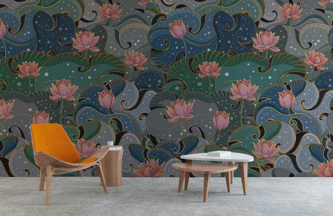 Flower | Lotus Blossom Teal Art Deco Mural Wallpaper 1ft² Teal Flower Flower