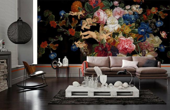 Flower | Luxurious Cherubs Floral Art Mural Wallpaper 1ft² Multicolor Flower Flower