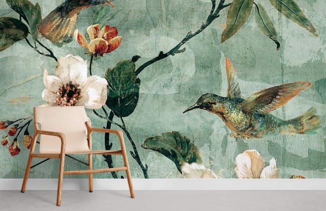 Flower | Vintage Bird Floral Botanical Mural Wallpaper 1ft² Teal Flower Flower