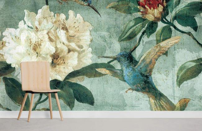 Flower | Vintage Botanical Birds Mural Wallpaper 1ft² Teal Flower Flower