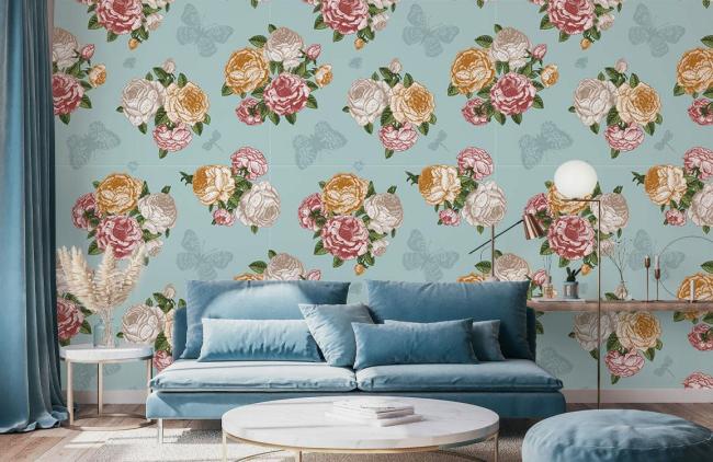 Flower | Vintage Floral Butterfly Mural Wallpaper 1Roll Teal Flower Flower