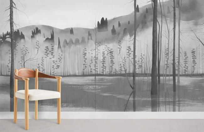 Forest | Misty Forest Landscape Monochrome Mural Wallpaper 1ft² Grey Forest Forest