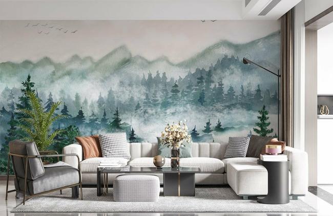 Forest | Misty Forest Landscape Watercolor Mural Wallpaper 1ft² Teal Forest Forest