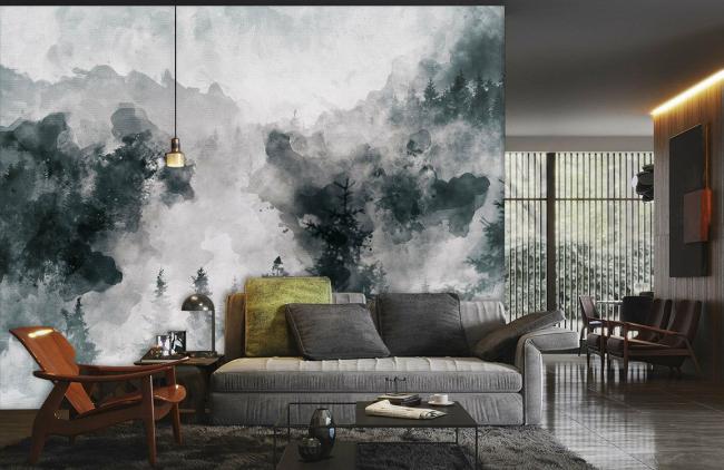 Forest | Misty Forest Watercolor Mural Wallpaper 1ft² Grey Forest Forest