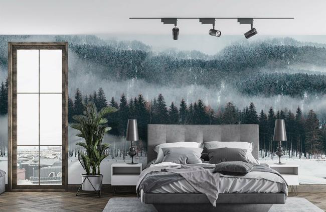 Forest | Misty Snowy Forest Landscape Wall Mural 1ft² Grey Forest Forest