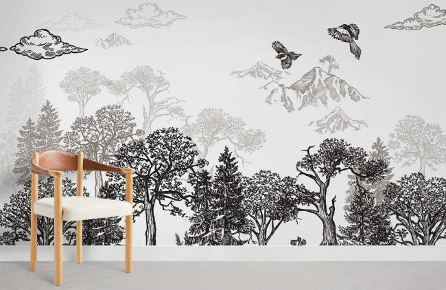 Forest | Vintage Nature Landscape Monochrome Mural Wallpaper 1ft² Grey Forest Forest