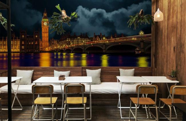 Landmarks Cityspaces | Moonlit London Bridge Cityscape Mural Wallpaper 1ft² Navy Landmarks Cityspaces Landmarks Cityspaces