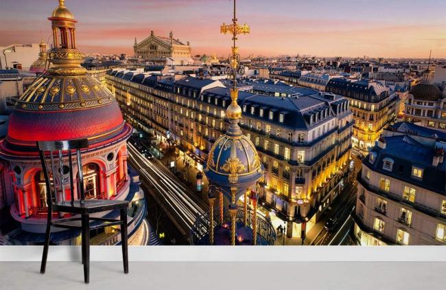 Landmarks Cityspaces | Parisian Twilight Rooftop Vista Mural Wallpaper 1ft² Navy and Gold Landmarks Cityspaces Landmarks Cityspaces