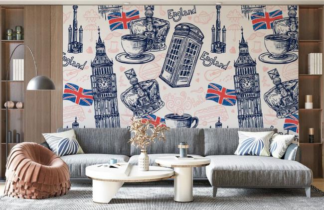 Landmarks Cityspaces | Vintage London Sketches Mural Wallpaper 1Roll blue and white Landmarks Cityspaces Blue & White