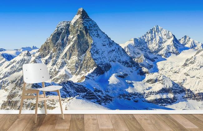 Landscape | Majestic Alpine Peak Landscape Mural Wallpaper 1ft² Blue and White Landscape Blue & White