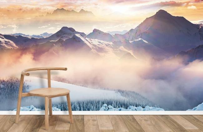 Landscape | Majestic Mountain Sunrise Scenery Mural Wallpaper 1ft² Blue and White Landscape Blue & White