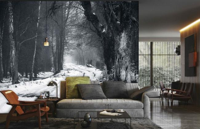 Landscape | Misty Forest Snow Path Wallpaper Mural 1ft² Grey Landscape Grey